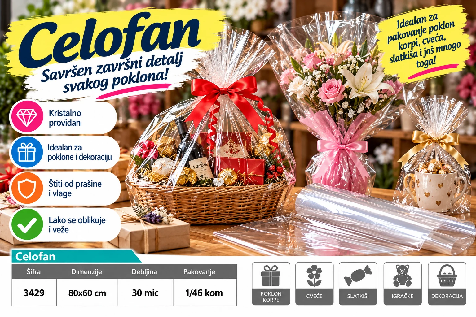 Celofan 70 × 100 cm – 3 lista, za pakovanje i zimnicu