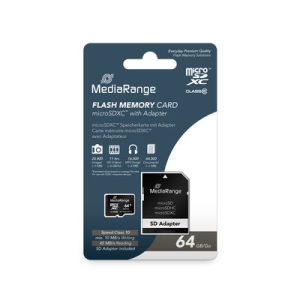 MediaRange MR955 je microSDXC memorijska kartica kapaciteta 64GB koja dolazi u pakovanju sa SD adapterom. Ovaj model koristi klasu brzine Class 10 za brz i stabilan rad modernih prenosnih uređaja