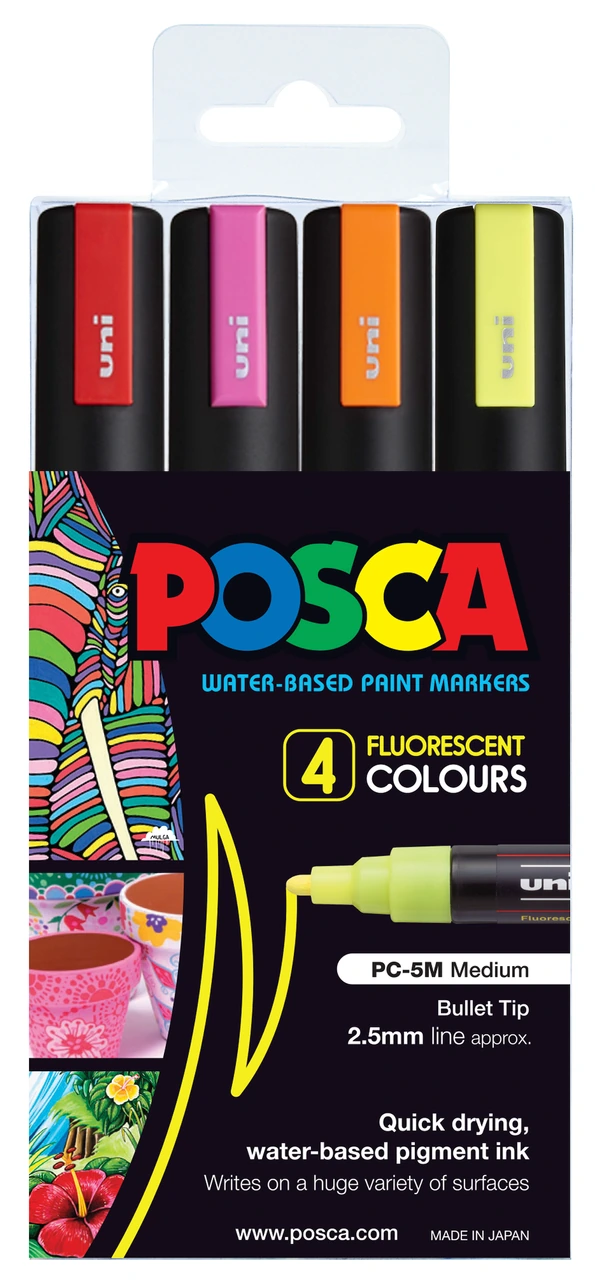UNI POSCA PC-5M markeri 1,8–2,5 mm – set 4 fluorescentne boje