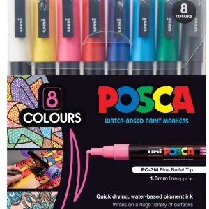 UNI POSCA PC-3M markeri 0,9–1,3 mm – set 8 osnovnih boja