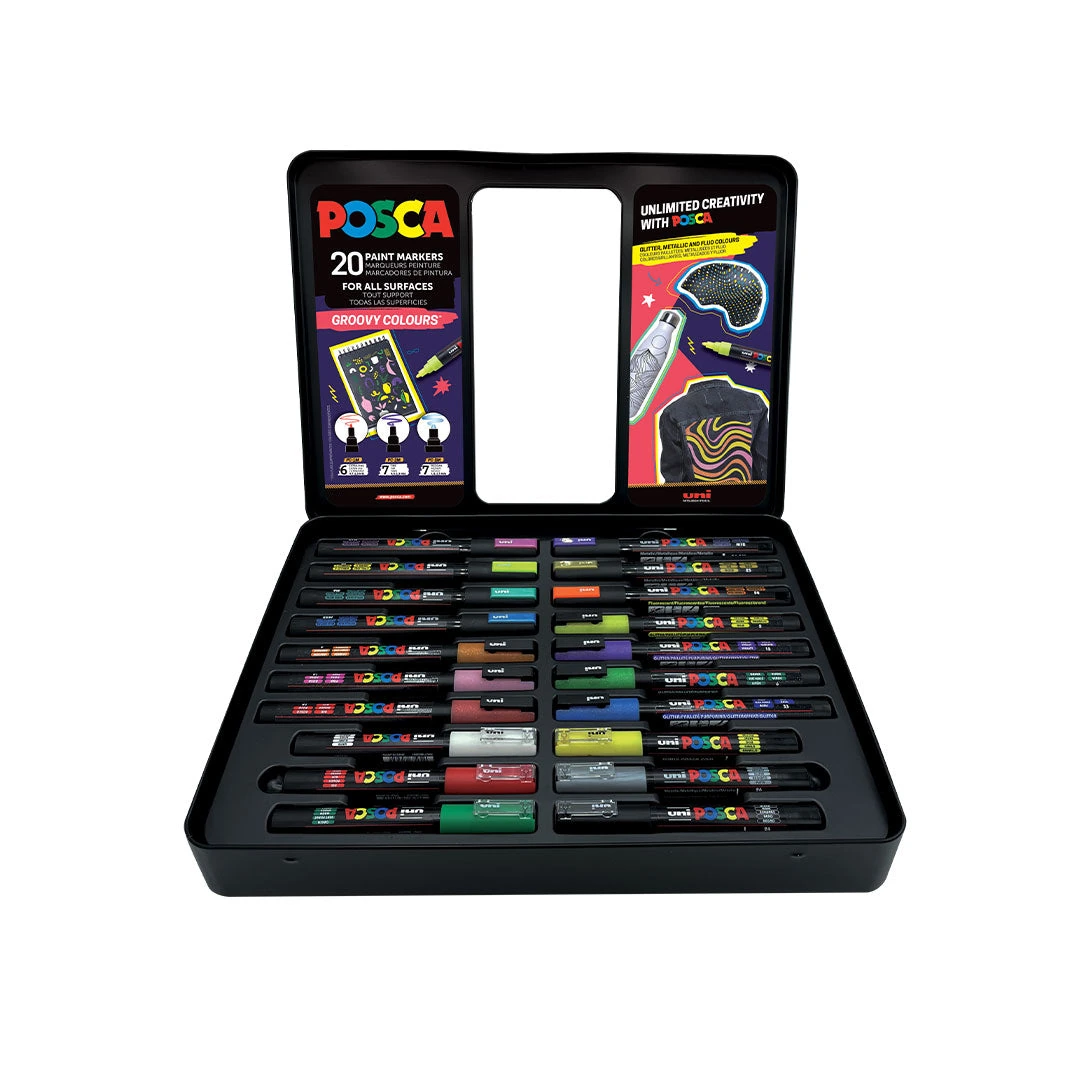 UNI POSCA GROOVY poklon set 20 markera u metalnoj kutiji – glitter, metalik i fluorescentne boje