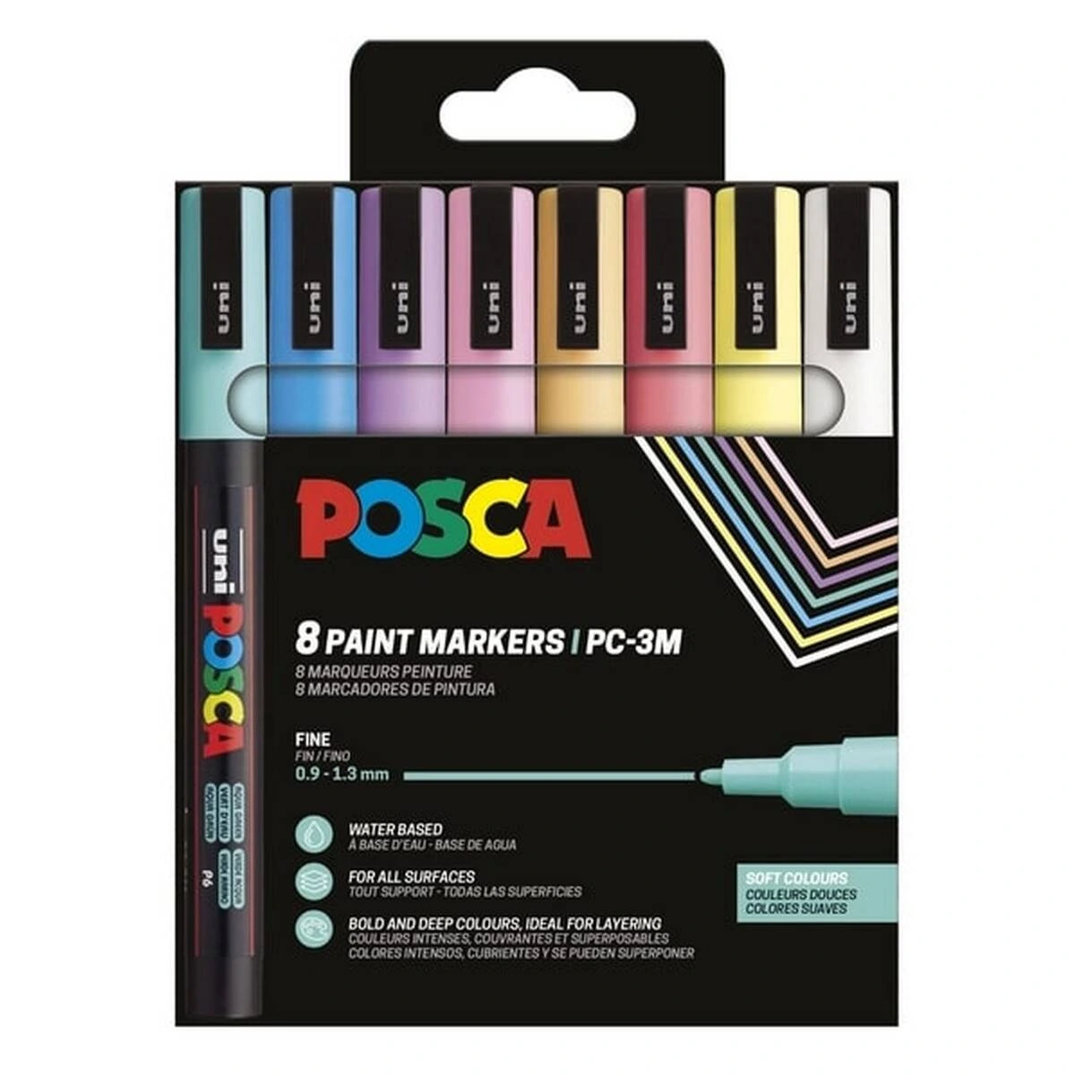 UNI POSCA PC-3M markeri 0,9–1,3 mm – set 8 pastelnih boja u kartonskom pakovanju
